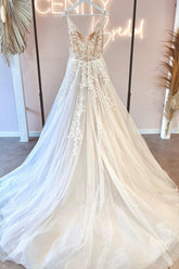 Simple A-Line V-neck Tulle Open Back Long Wedding Dresses with Appliques Lace